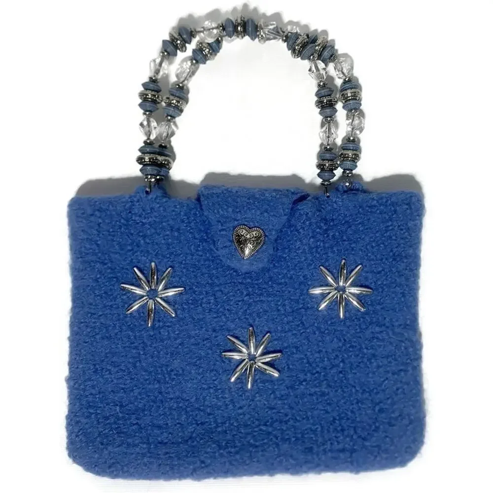 Handmade Alpaca Wool Purse Blue Satchel Bag Silver Accents 10x7.5 Vintage